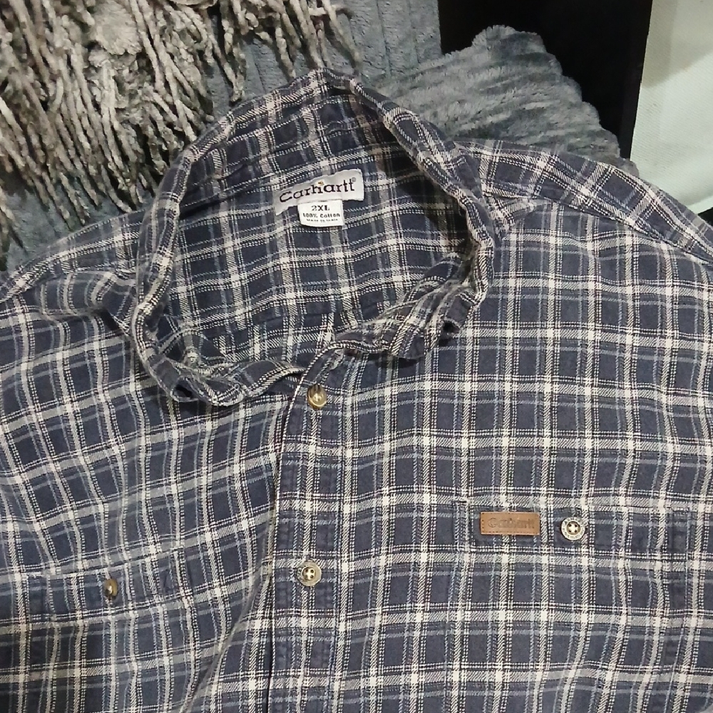 Carhartt Men's Navy and White Checkered Flannel Shirt